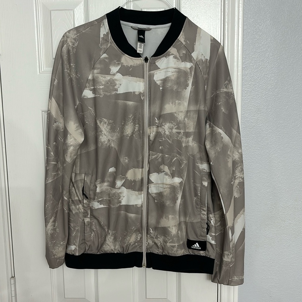 Adidas All Over Flower Print Gray & White Full Zip Wind Breaker Jacket Coat M